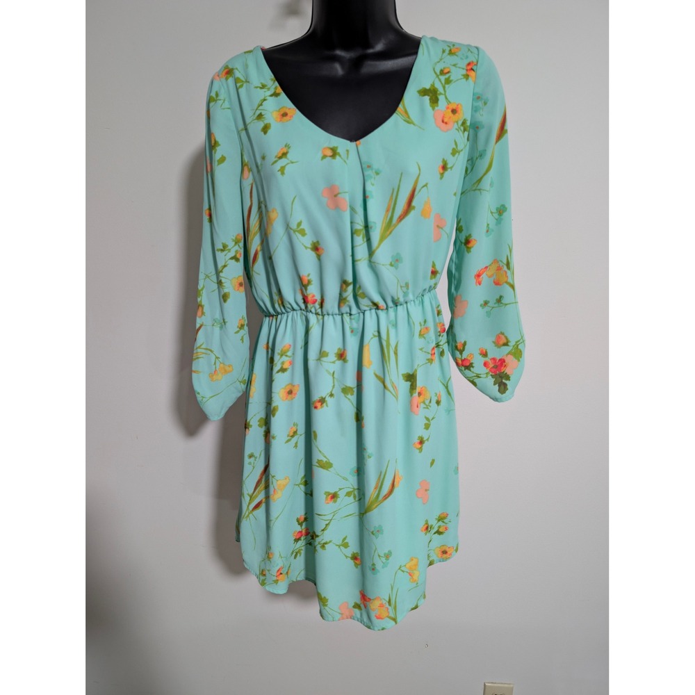 Copper Key Floral Dress Sheer Overlay Button Tab Long Sleeve Small